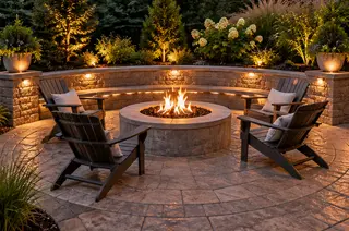 Fire pit with a custom curved concrete seating wall in a Kansas City backyard