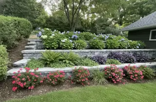 Retaining wall with lush landscaping in Prairie Village