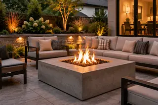Modern square concrete fire pit on a contemporary Kansas City patio