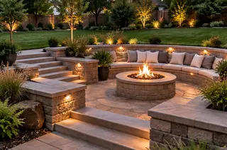 Sunken fire pit patio built into a sloped Kansas City backyard