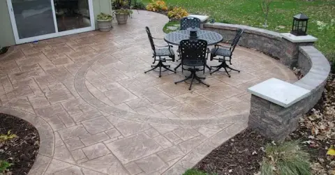 Stamped concrete patio with decorative pattern